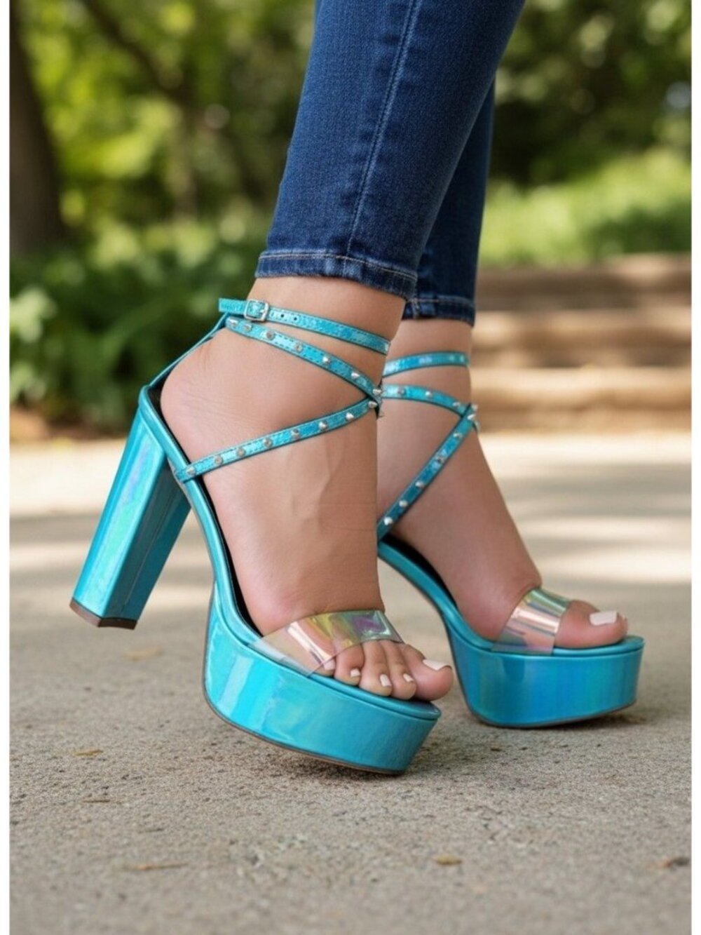 Holographic Blue Platform High Heel Sandals With Clear Strap & Studded Accents O
